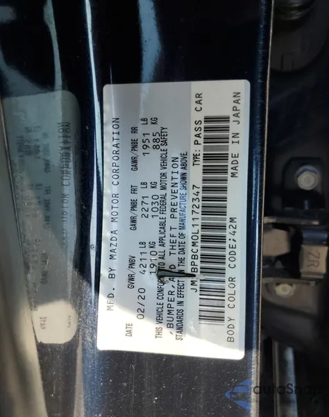 2020 Mazda 3 Select z USA, uszkodzony, nr VIN JM1BPBCM0L1172347